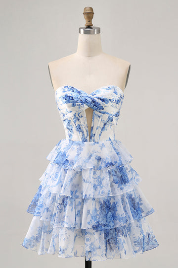 Corset White Blue Flower A Line Short Cocktail Dress